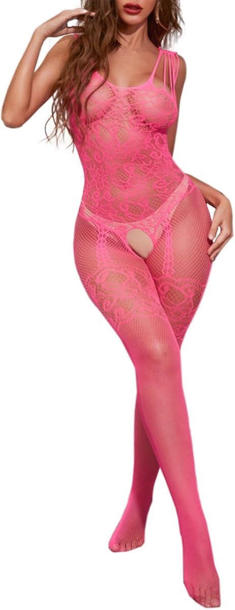 Dames Lingerie Body stocking Visnet Sexy Catsuit Vrouw Nachtkleding Negligees(rozenrood 06,M)