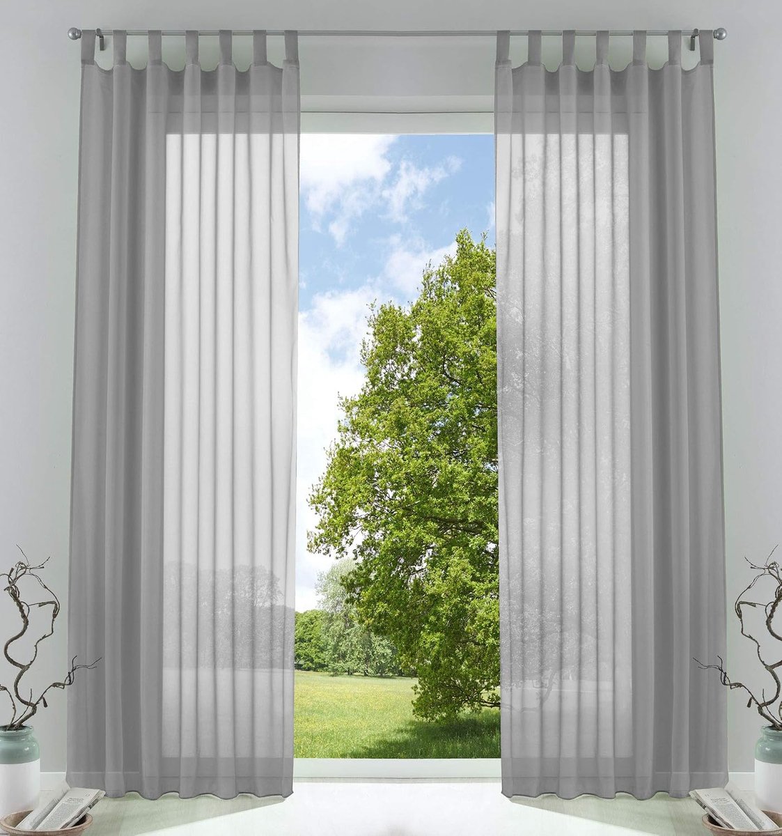 Set van 2 gordijnen, transparante gordijnset voor woonkamer, voile, lusgordijn met loodbandsluiting, H x B 245 x 140 cm, grijs, 61000 CN