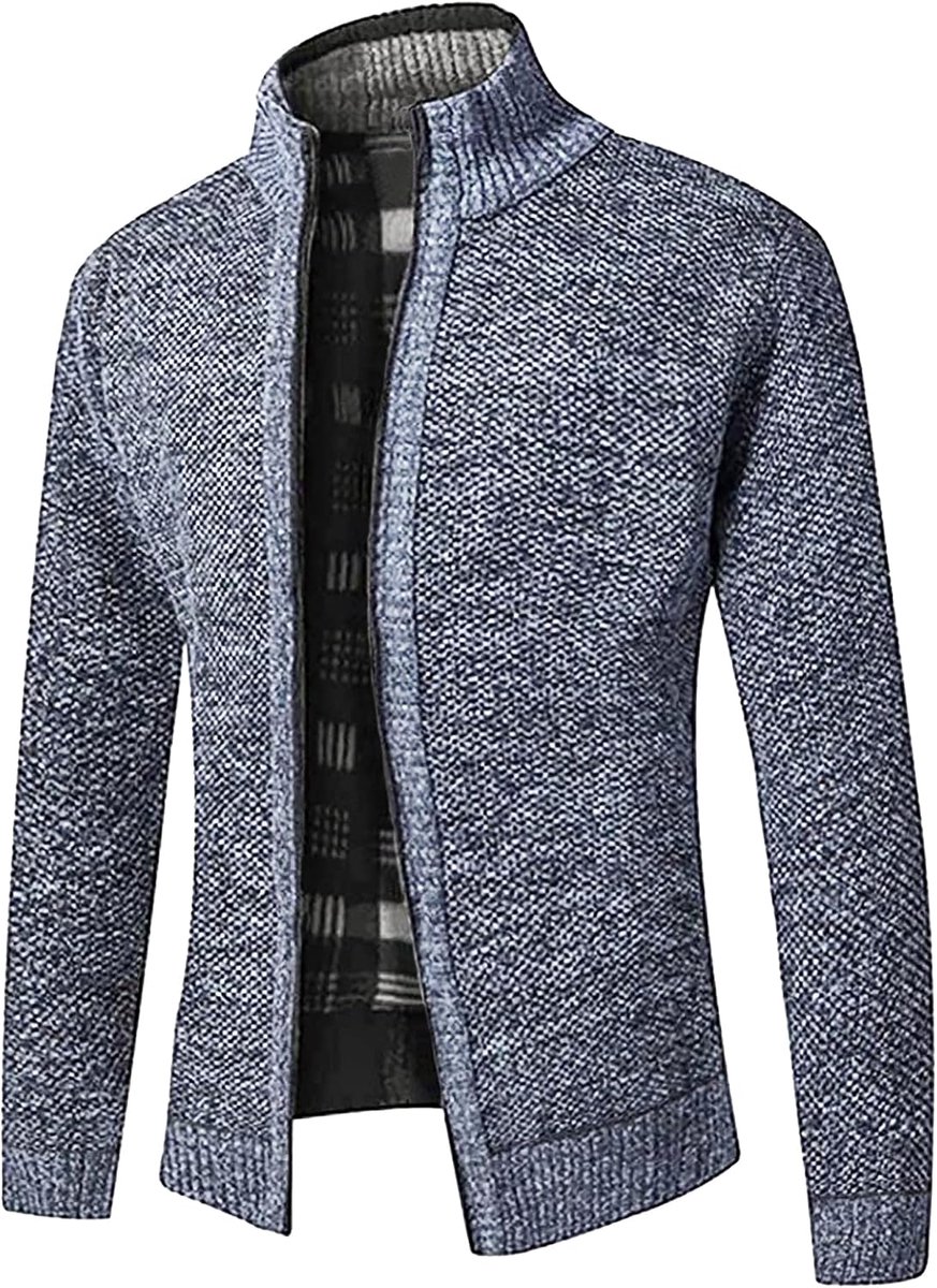 Cardigan voor heren, winter, warm, gevoerd, met fleece gevoerd, met doorlopende ritssluiting, Lichtgrijs, XL