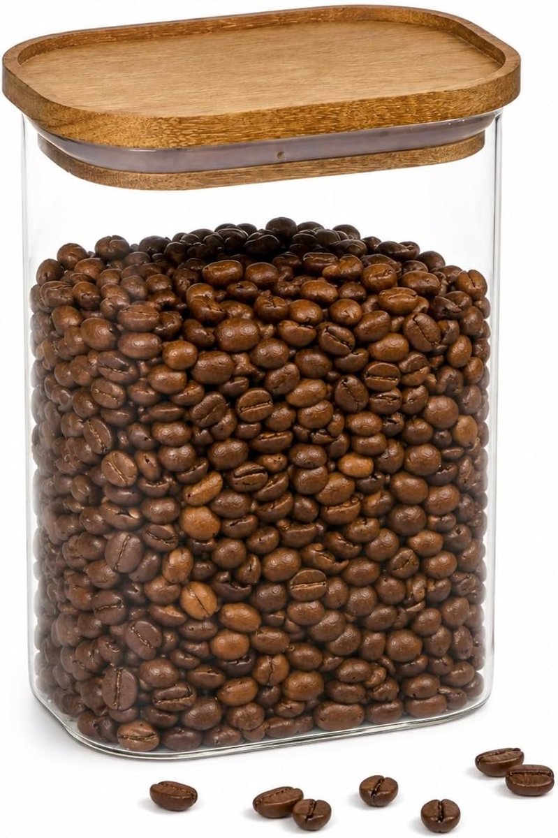 Voorraadpot, rechthoekige bewaardoos met houten deksel, voorraadpot voor suiker, koffie, thee, noten en snoep, transparant/bruin (1,3 l)