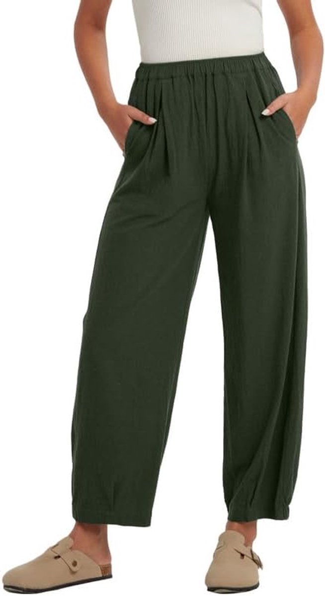 Umes Cropped broek voor dames, wijde pijpen, elastische taille, elegante vrijetijdsbroek met zakken, zomerbroek, losse pasvorm