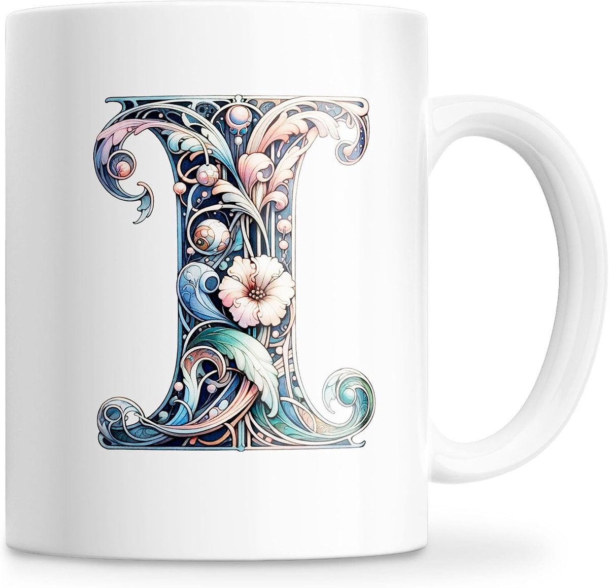 Mok met initialen van de naam, keramische mok 350 ml met bloemenmotief, origineel cadeau voor vrouwen, mama, vrienden, vaatwasmachinebestendig en magnetronbestendig (I)