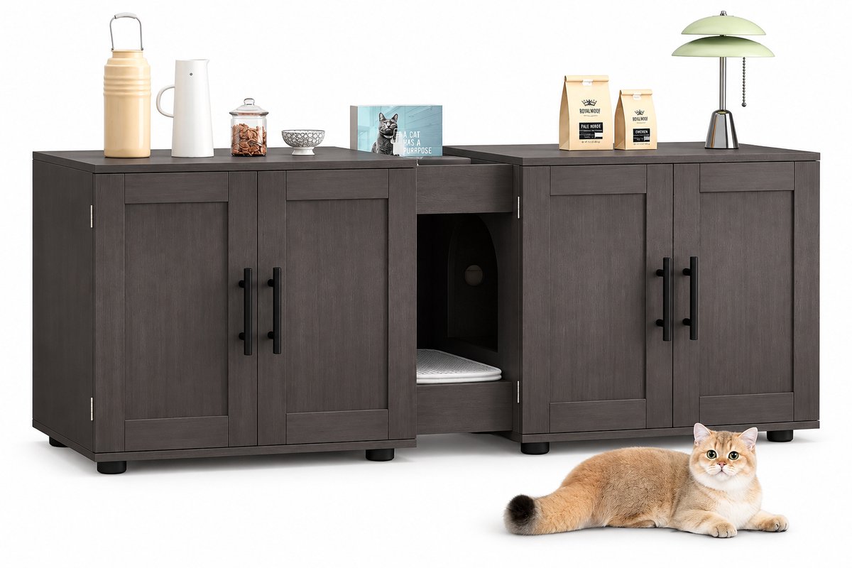 Molhaus Kattenbak Ombouw - 140 x 45 x 57 cm - Omheining - Zwart - Kast - Kattenmeubel - Afgesloten - Kattentoilet - Ventilatie