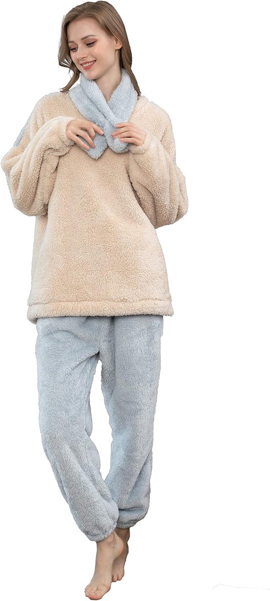iyoimono Pyjama voor dames 2-delige set pyjama met lange tops en broek polar fleece huispak knuffelig en warm flanel nachtkleding pyjama voor vrouwen flanel fleece voor winter slaapkleding