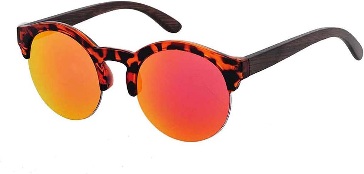 ronde bamboe zonnebril mannen vrouwen houten bril ontwerp retro spiegel lens Uv400-rood
