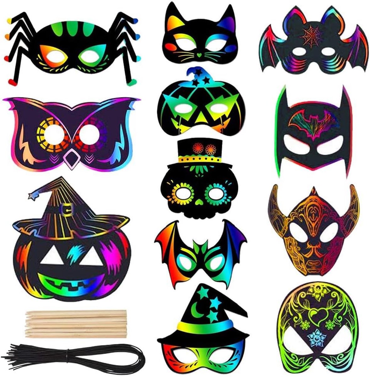 18 stuks Halloween krasafbeeldingen, magische kleurrijke regenboog-scratch-papierkaart, krasambachten kinderset met linten, krasstift, kraskunst voor knutselen voor Allerheiligenfeest, feestdecoratie