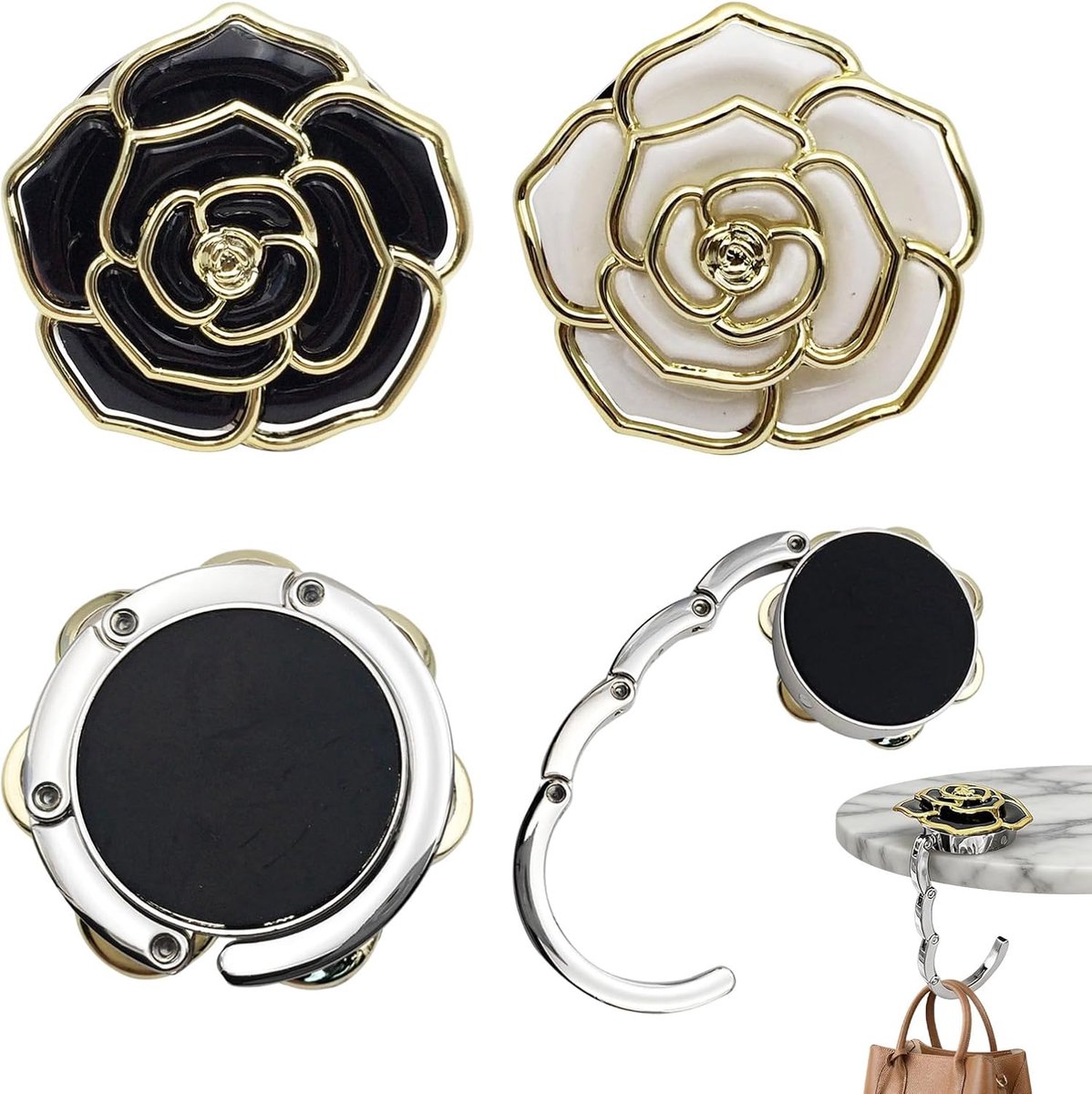 2 stuks tafelhandtashouders, handtas voor klaptafel, draagbaar, haak, handtas in rozenvorm, antislip, voor handtassen op kantoor, restaurant, kleerhanger, cadeau-idee voor dames