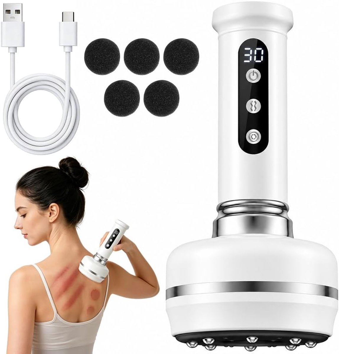 Cellulitis massageapparaat met 30 zuigstanden en warmtefunctie, massageapparaat cellulitis benen en billen voor buik, taille, armen en benen, oplaadbaar via USB-C