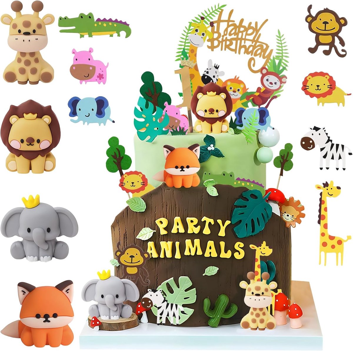 Taartdecoratie Dieren 1 Jaar, Jungle, 1e Verjaardag Jongen, Safari, Bosdieren, Giraf, Leeuwen, Vos, Olifant, Figuren, Taartdecoratie, Taarttopper, Verjaardagsdecoratie Voor Kinderen