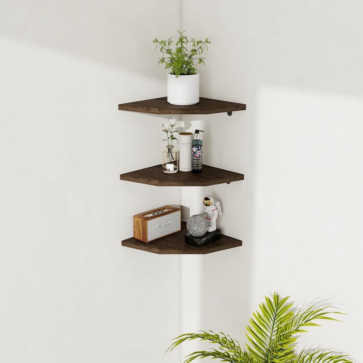 Hoekplank, Wandplank en Zwevende Plank voor Woonkamer, Slaapkamer en Keuken in Donkerbruin Hout