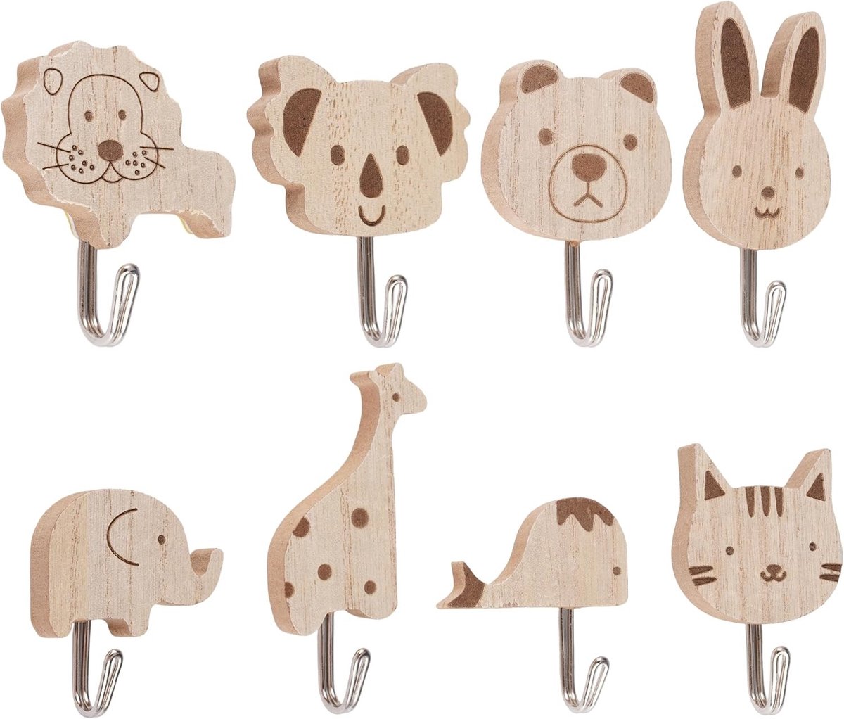 Houten Kinder Kleding Haken Set van 8 Zelfklevende Dieren voor Kinderen - Olifant, Walvis, Kat, Leeuw, Konijnen, Giraffe - Ideaal voor Kinderkamer, Badkamer en Hal