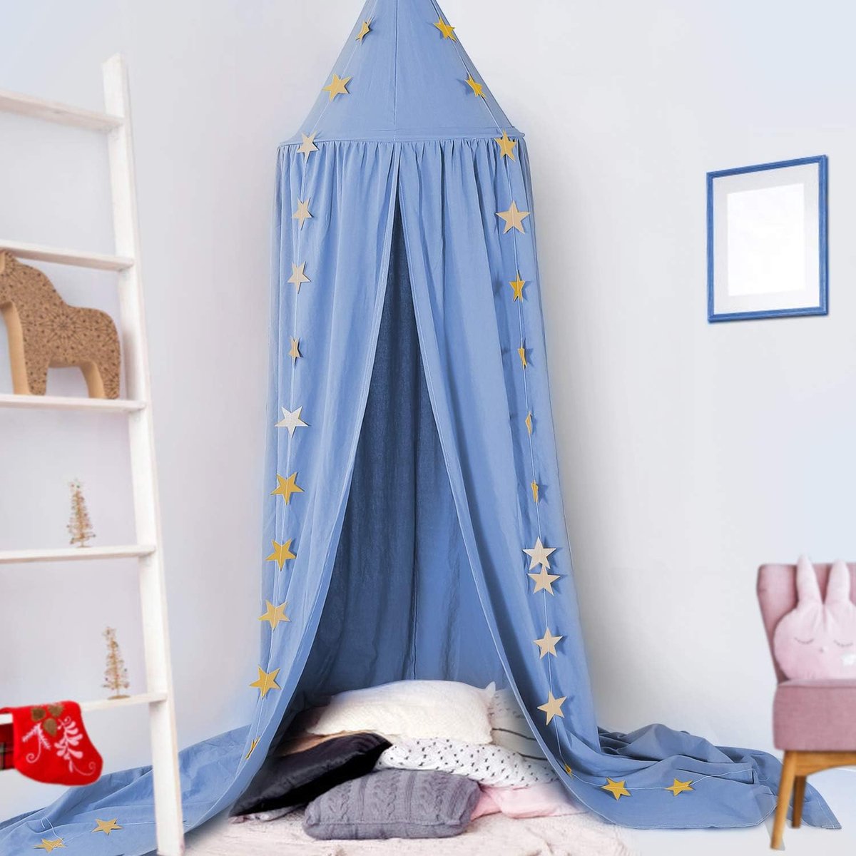 Kinderkamer bedhemel babybed, hemelbed gordijnen babykamer decoratie muggennet voor prinses speeltenten babybed slaapkamer decoratie met sterrenslinger (blauw)