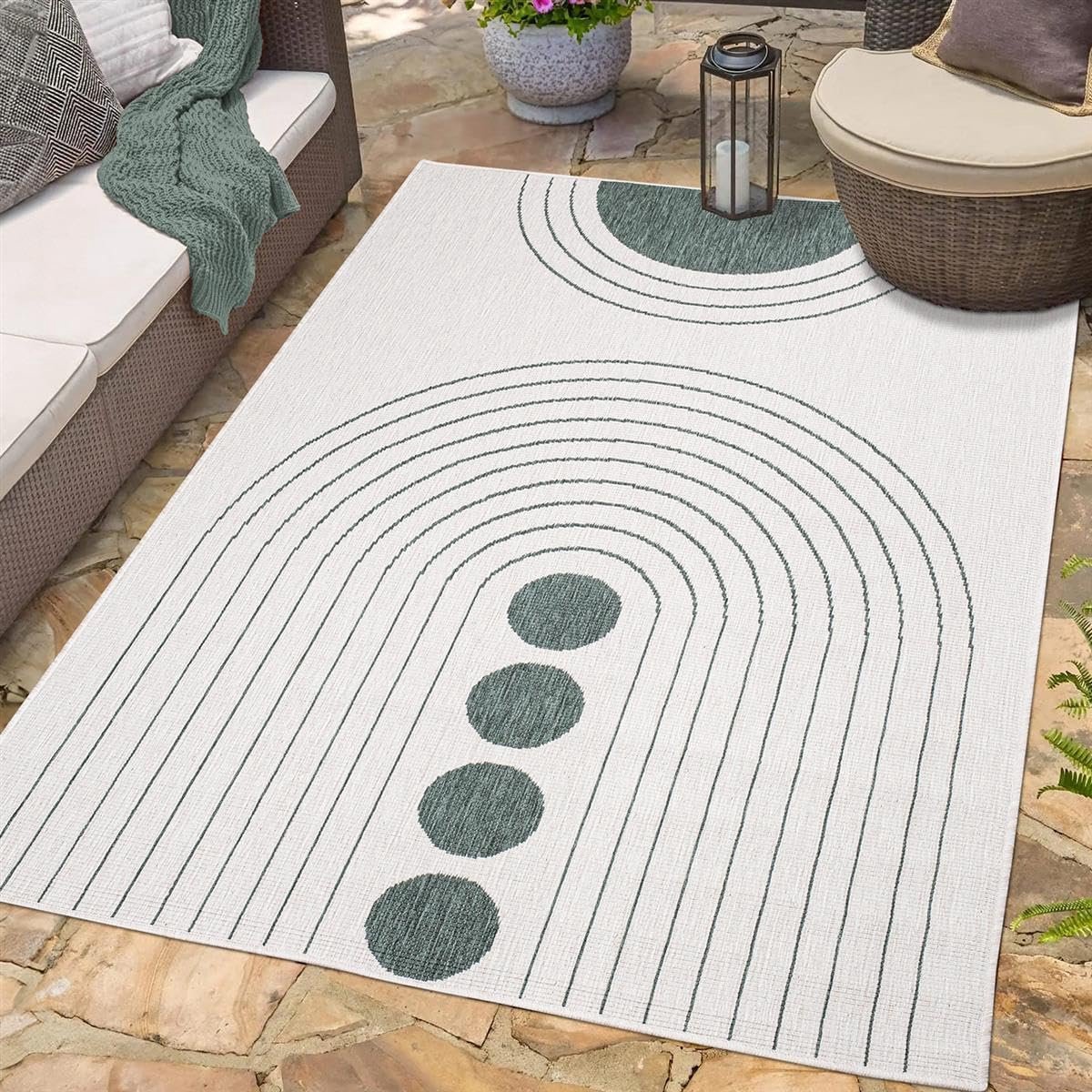 Carpet city Indoor en outdoor tapijt, groen, crème, omkeerbaar tapijt, 200 x 290 cm, cirkelpatroon, weerbestendig voor balkon, terras, modern, voor binnen, woonkamer, keuken