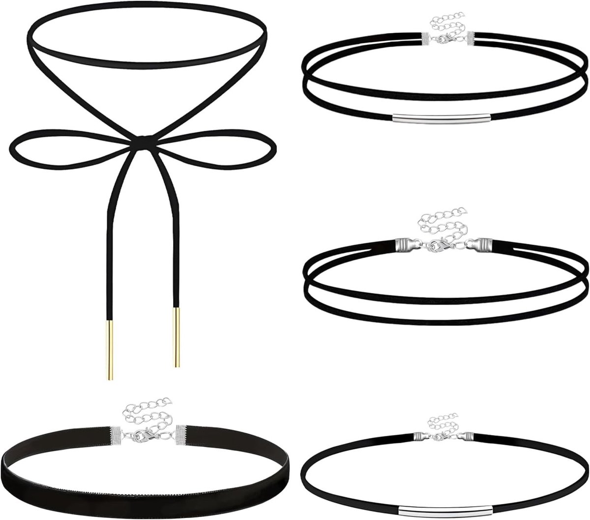 Elegante Zwarte Fluwelen Kettingenset voor Vrouwen en Meisjes, Verstelbare Elastische Halskettingen voor Cosplay, Halloween, Feestjes en Dansen (5 Stuks)