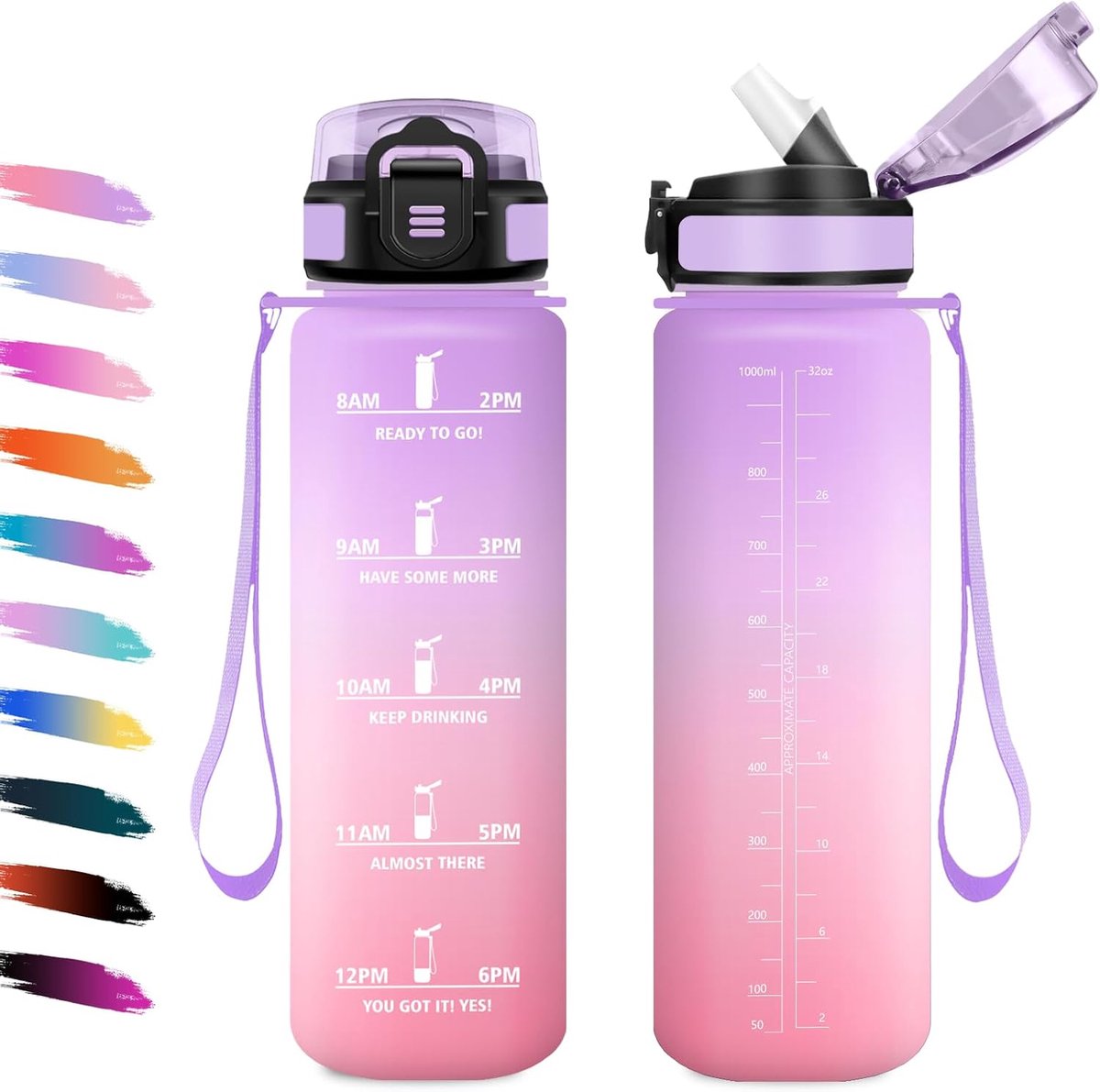 1 l, waterfles met rietje, lekvrij, gemakkelijk te reinigen, motiverende waterfles met tijdweergave, voor kamperen, fietsen, school, kantoor, werk, sportschool