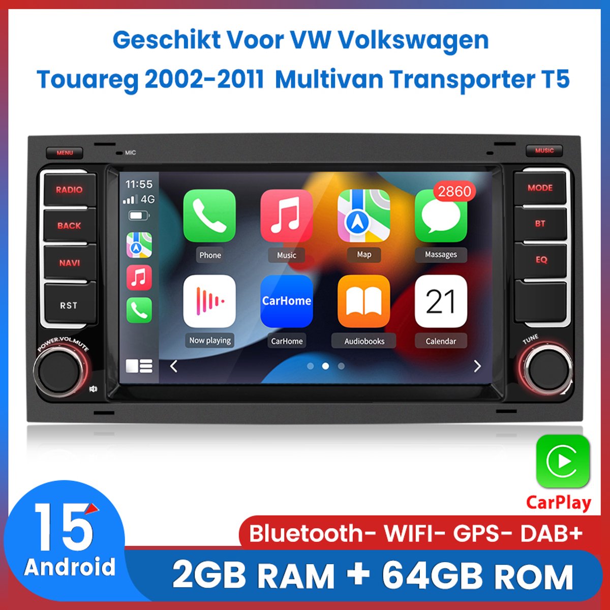 Awesafe Autoradio - Geschikt Voor VW Volkswagen Touareg 2002 t/m 2011 Multivan Transporter T5 - Android 15.0 Systeem - Draadloos Apple CarPlay Android Auto - Ram 2GB + Rom 64GB - GPS Navigatie Bluetooth Wifi RDS DSP - Radio Scherm