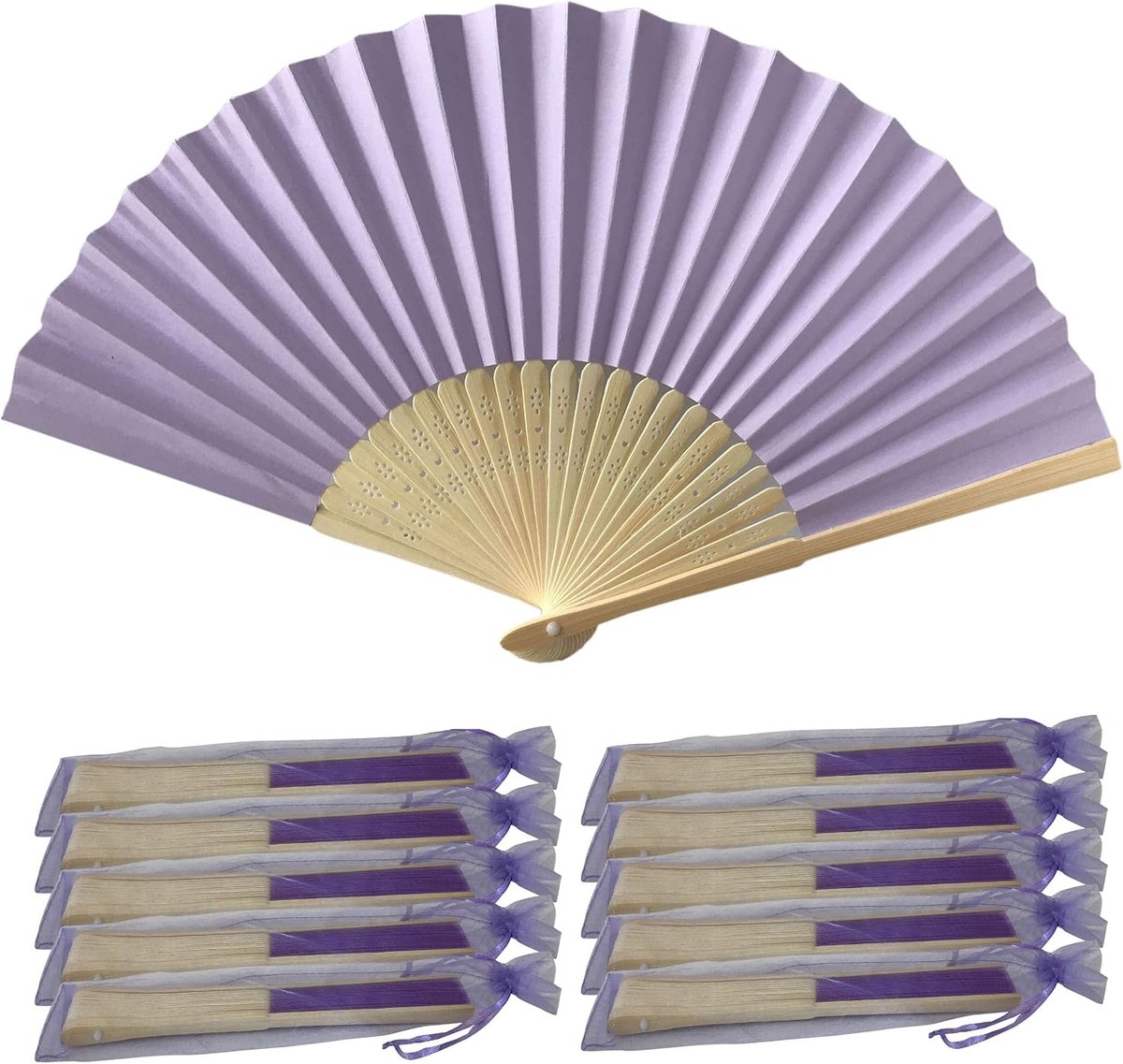Paars/Alice Blue Hand Fans, Pack van 10 Groothandel Papier Hand Fan met Bamboe Ribben Bruiloft Partij Gunst Kerk Geschenken PHF16