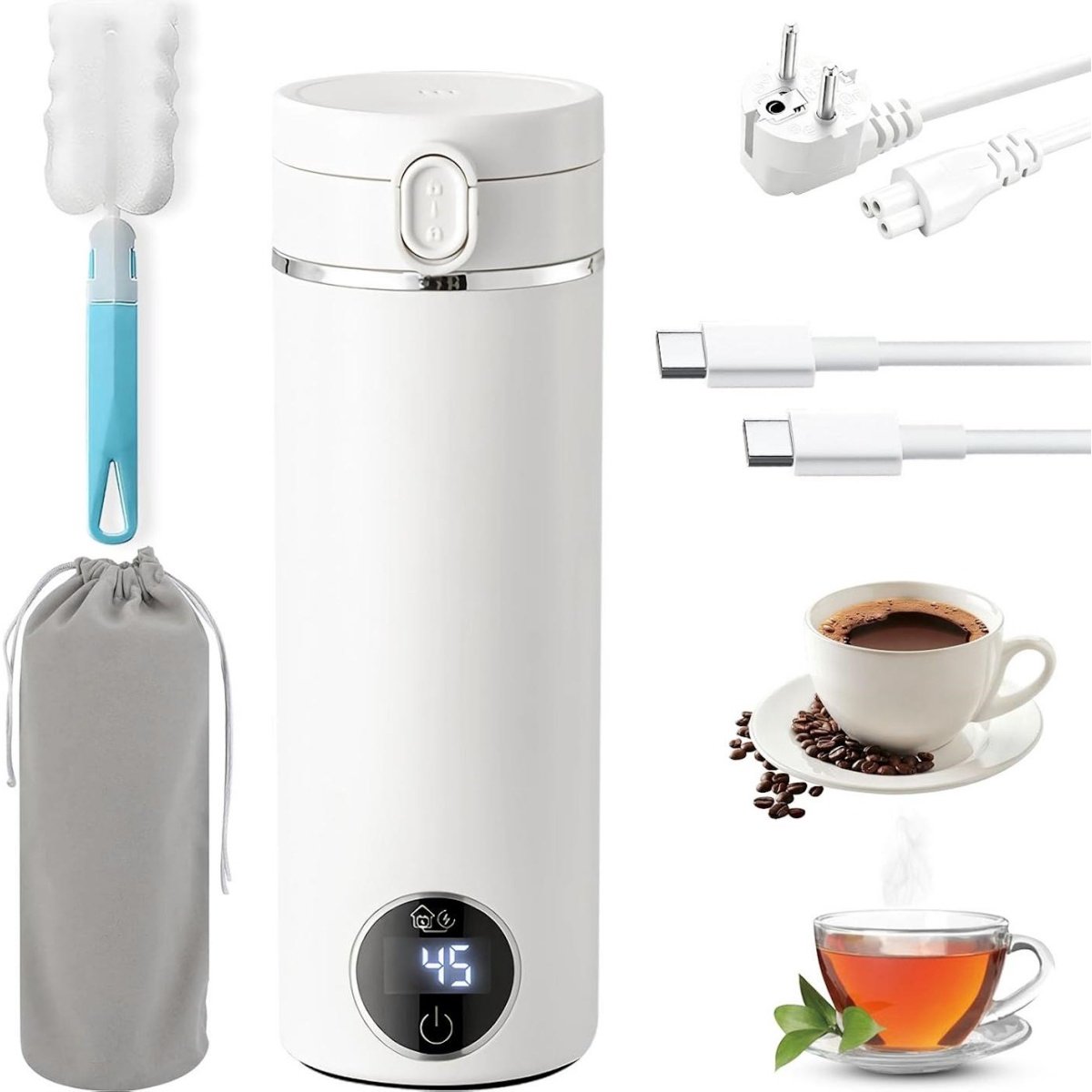 SSTRWGOOD Draagbare elektrische reiswaterkoker – Snoerloos – Ondersteunt USB-C Power Delivery (23W–100W) – 500 ml – Snel opwarmen (300W) – Automatische uitschakeling & oververhittingsbeveiliging – 6 temperatuurinstellingen – Roestvrijstalen behuizing
