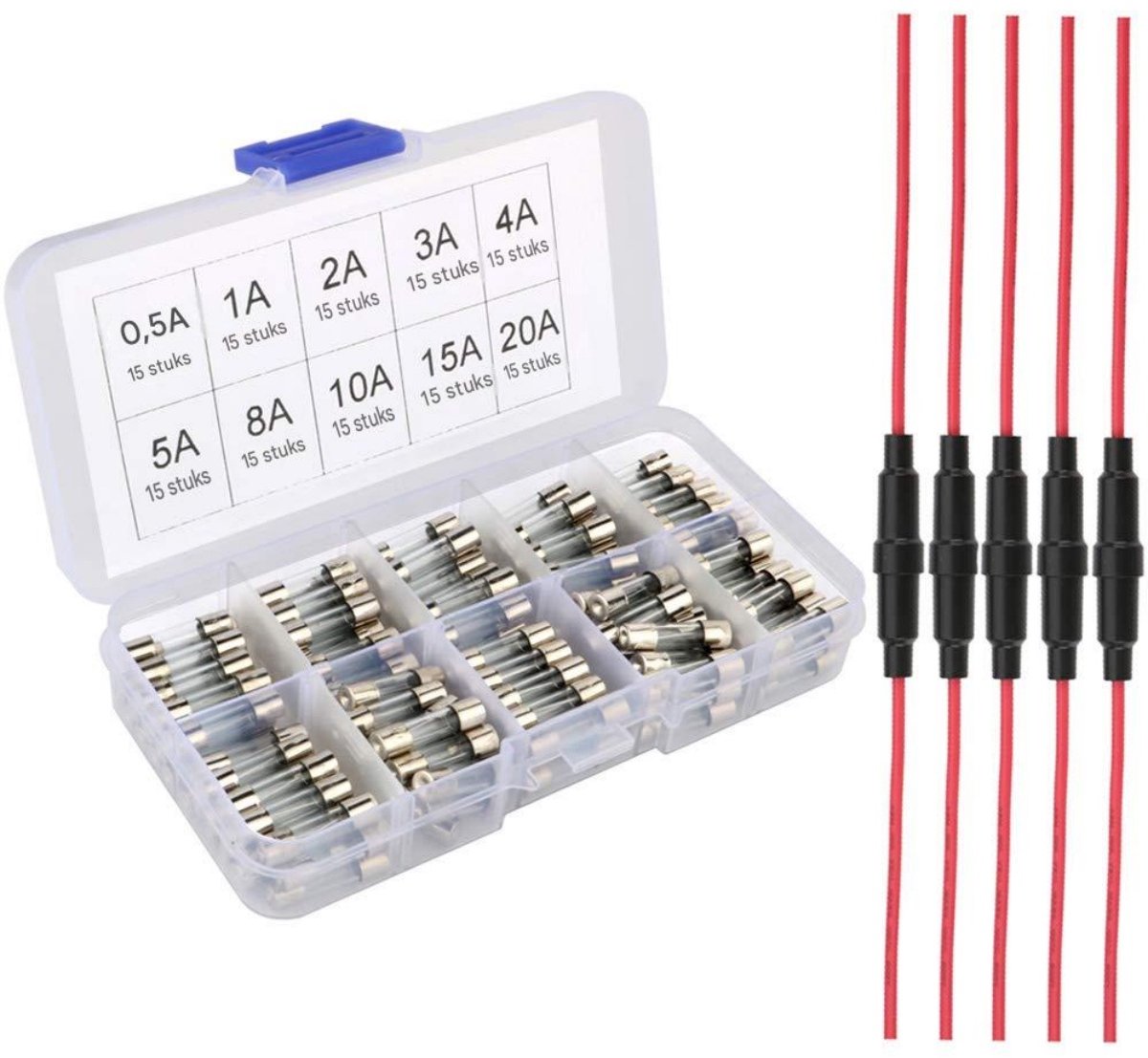 SSTRWGOOD 150 Stuks Zekeringen - 5x20mm Glassicheringen - 20A 250V Fast-Blow - Geschikt voor Bouwmarkt Elektrische Installaties - Metalen Behuizing - Incl. 5 Inline Schroef AGC Houders Assorti Kit (0.5A-20A)