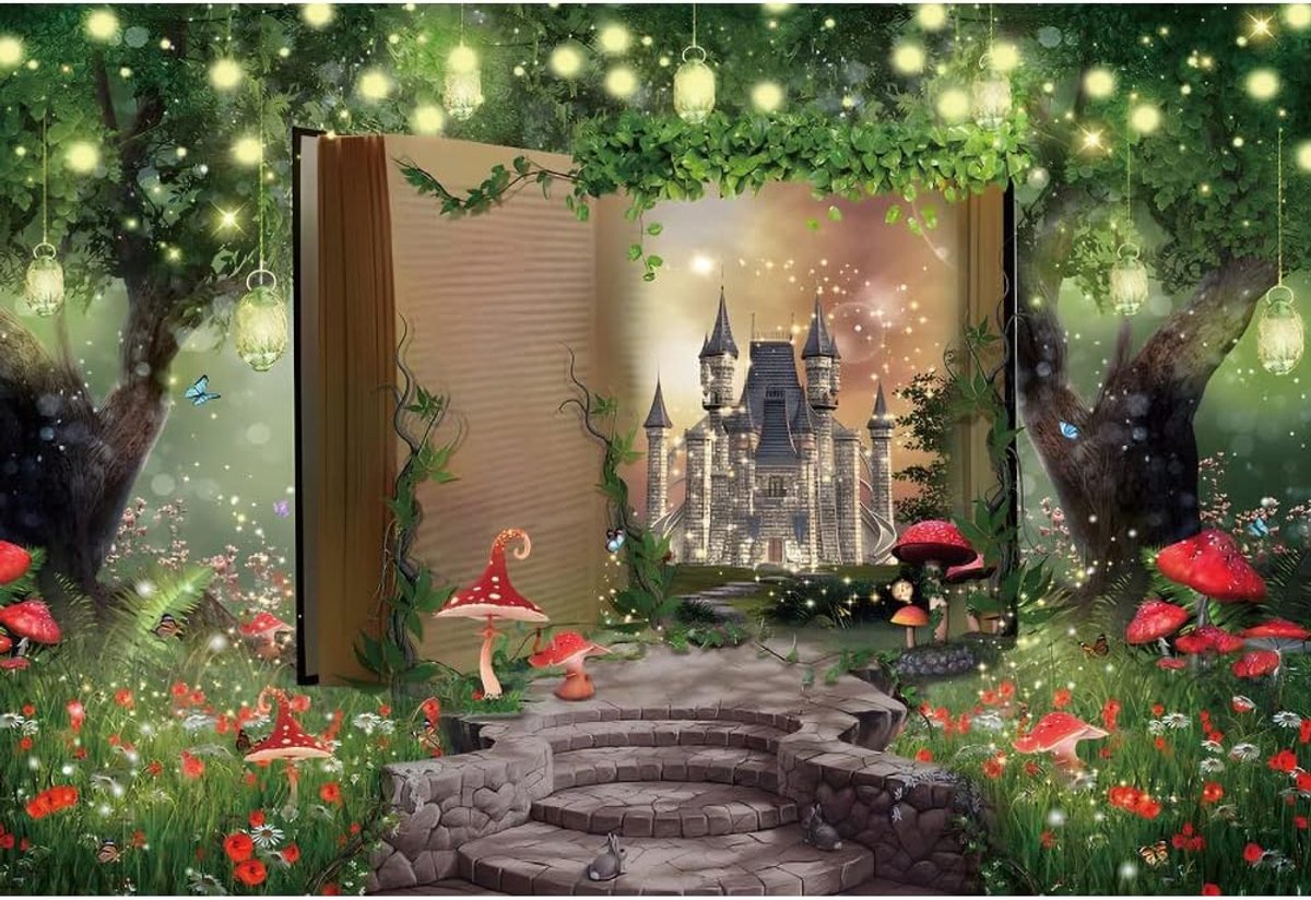 7x5ft Bos Achtergrond Magisch Boek Sprookjeswereld Achtergrond Fantasie Bos Kasteel Paddestoel Gras Bloemen Glitter Lichten Fotografie Achtergrond Volwassenen Kinderen Portret Fotostudio