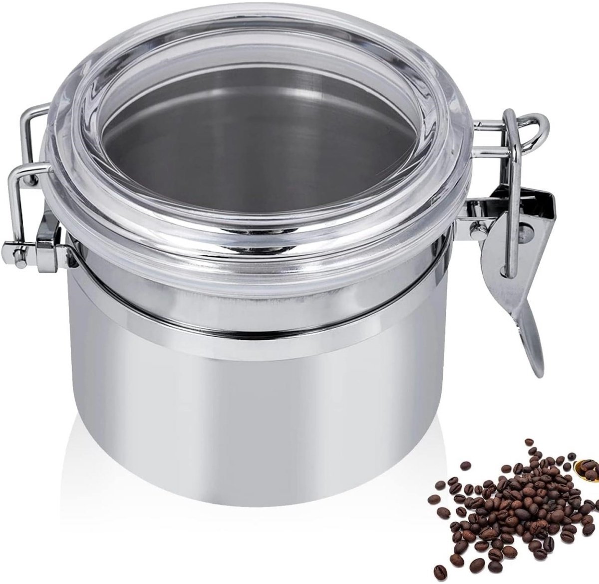 SSTRWGOOD Koffiebus - Koffiebewaardose - Luchtdichte Vorratsdoos met Siliconen Rand en Transparant Deksel, Geschikt voor Gemalen Koffie en Bonen - RVS 10x7,5cm - Inhoud 100-150g