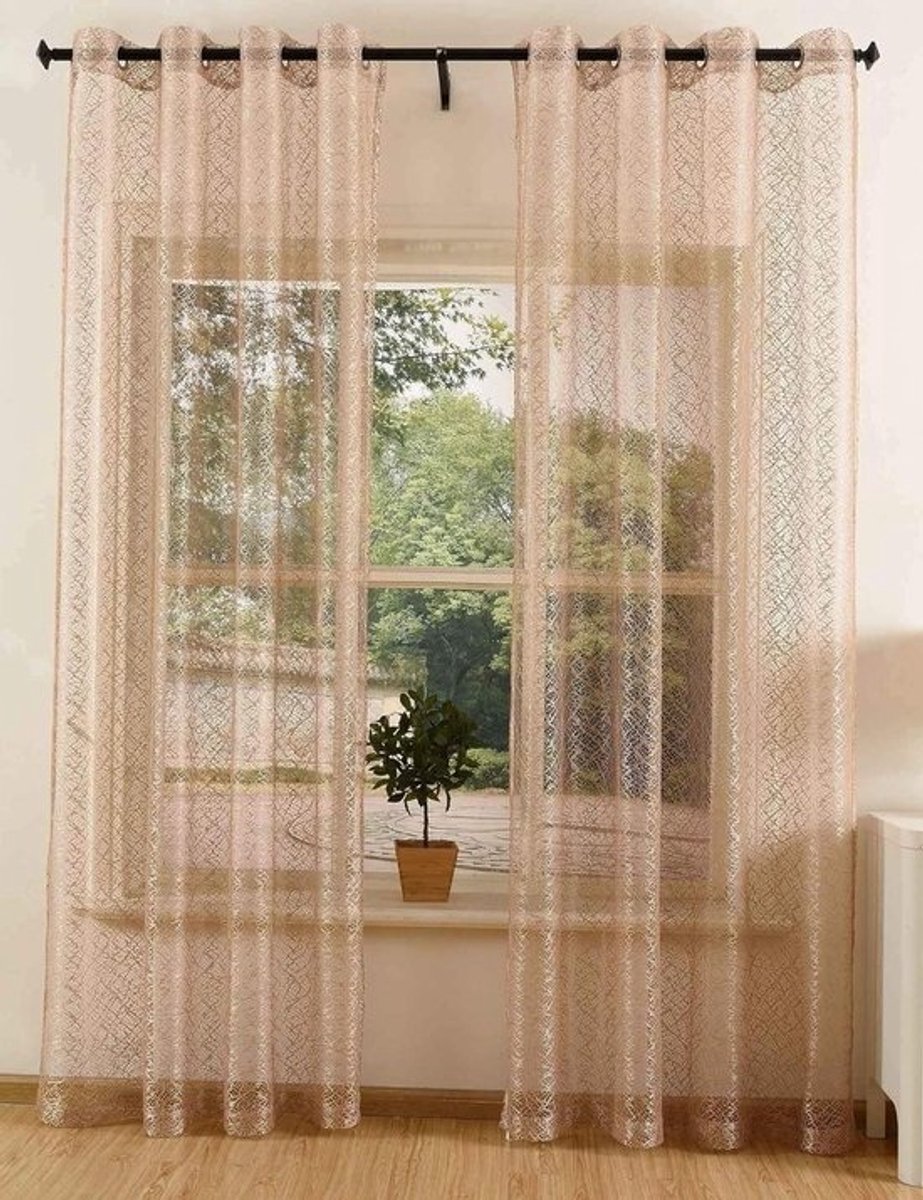 Gordijnbox, gordijn, netstructuur, met ogen, eenkleurig, transparant, deco, gordijn, netgordijn, 2 stuks, afm. 245 x 140 cm, kleur taupe, afmetingen 245 cm x 140 cm