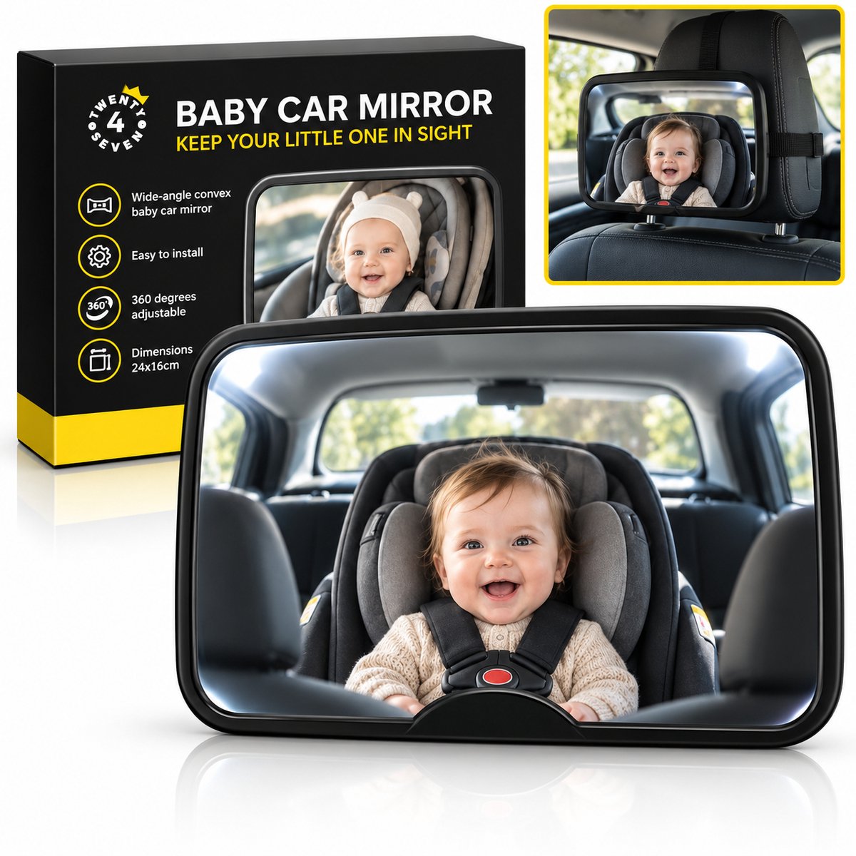 Twenty4seven® Autospiegel Baby voor Achterbank - Verstelbaar voor de Hoofdsteun - Baby Spiegel Auto en Achteruitkijkspiegel - Convex en 24 cm Breed - Zicht op je Kind