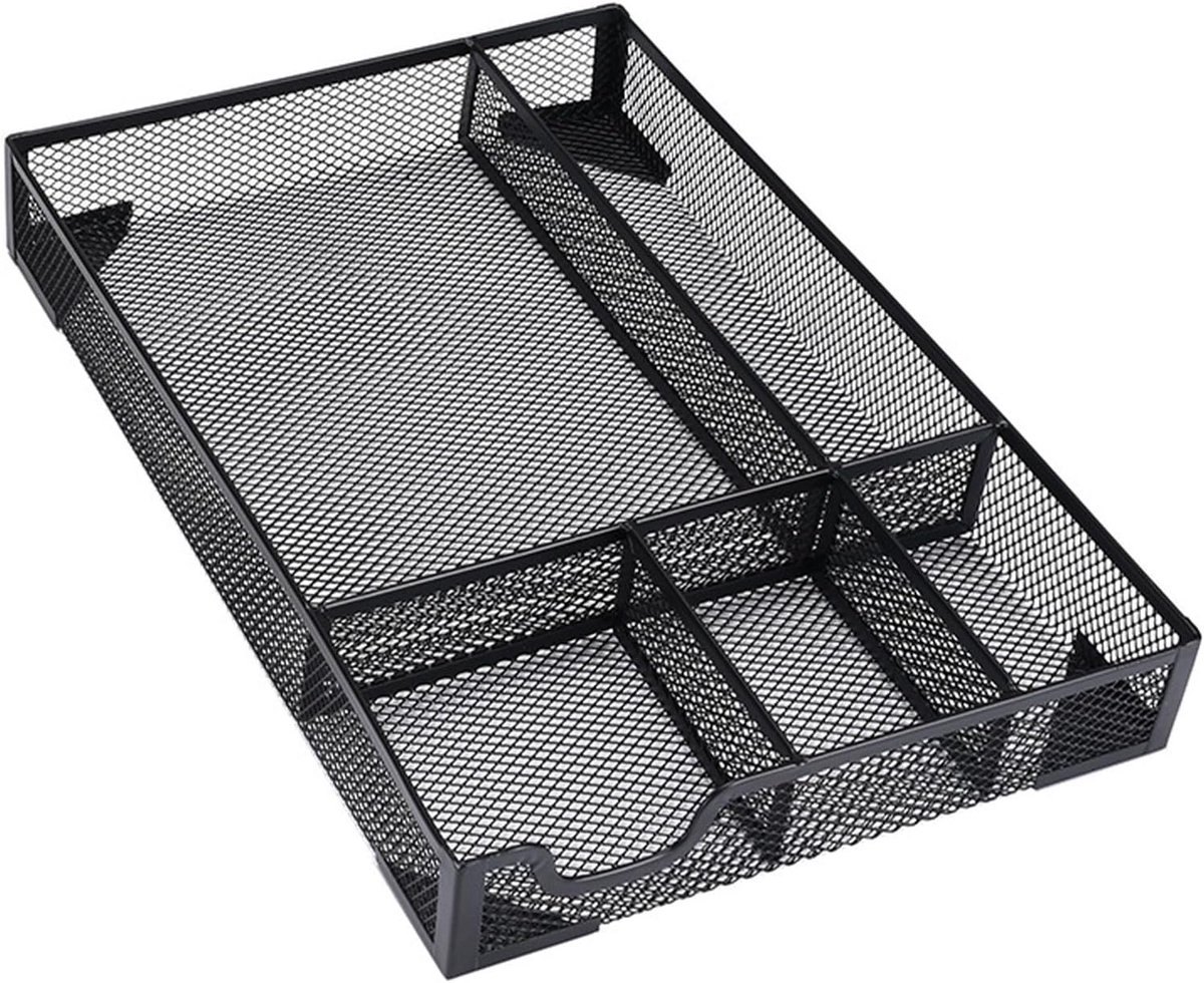 Bureaulade-organizer, Metalen Bureau-organizer met 5 Compartimenten en Antislippads, Mesh-ontwerp, Multifunctionele Kantooraccessoires, voor Badkamer, Keuken, Ijdelheid (BLACK)