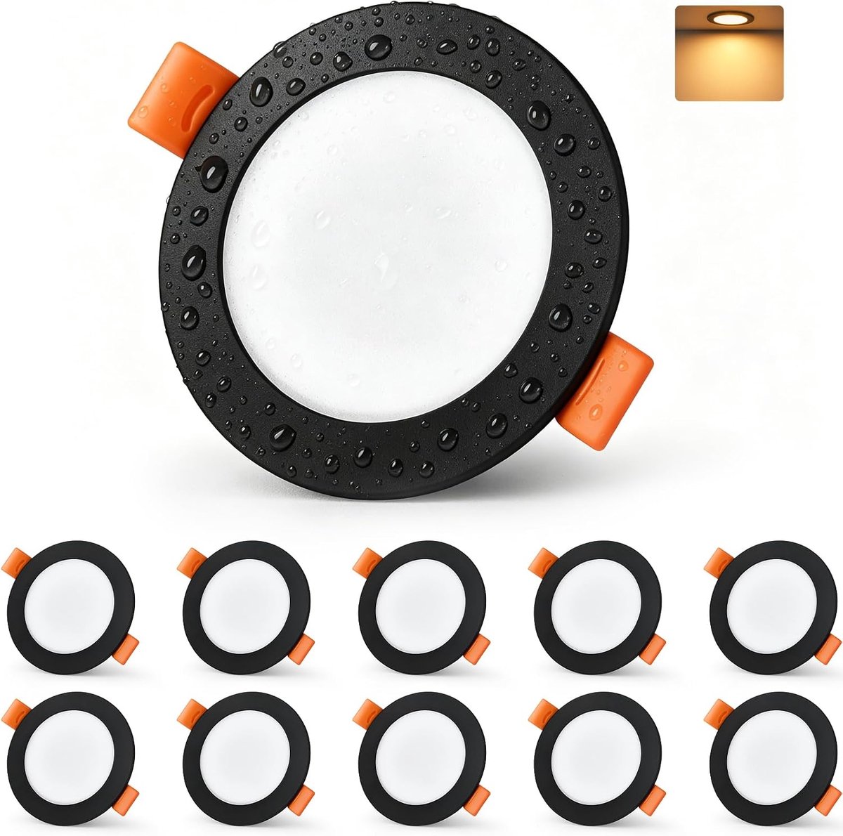 Led-inbouwspots, 230 V, 5 W, 1090 lm, uitsparing Ø 65-75 mm, extra plat 25 mm, plafondspots IP44 waterdicht, 2700 K, warmwit, voor badkamer, keuken en woonkamer, zwart, 10 stuks
