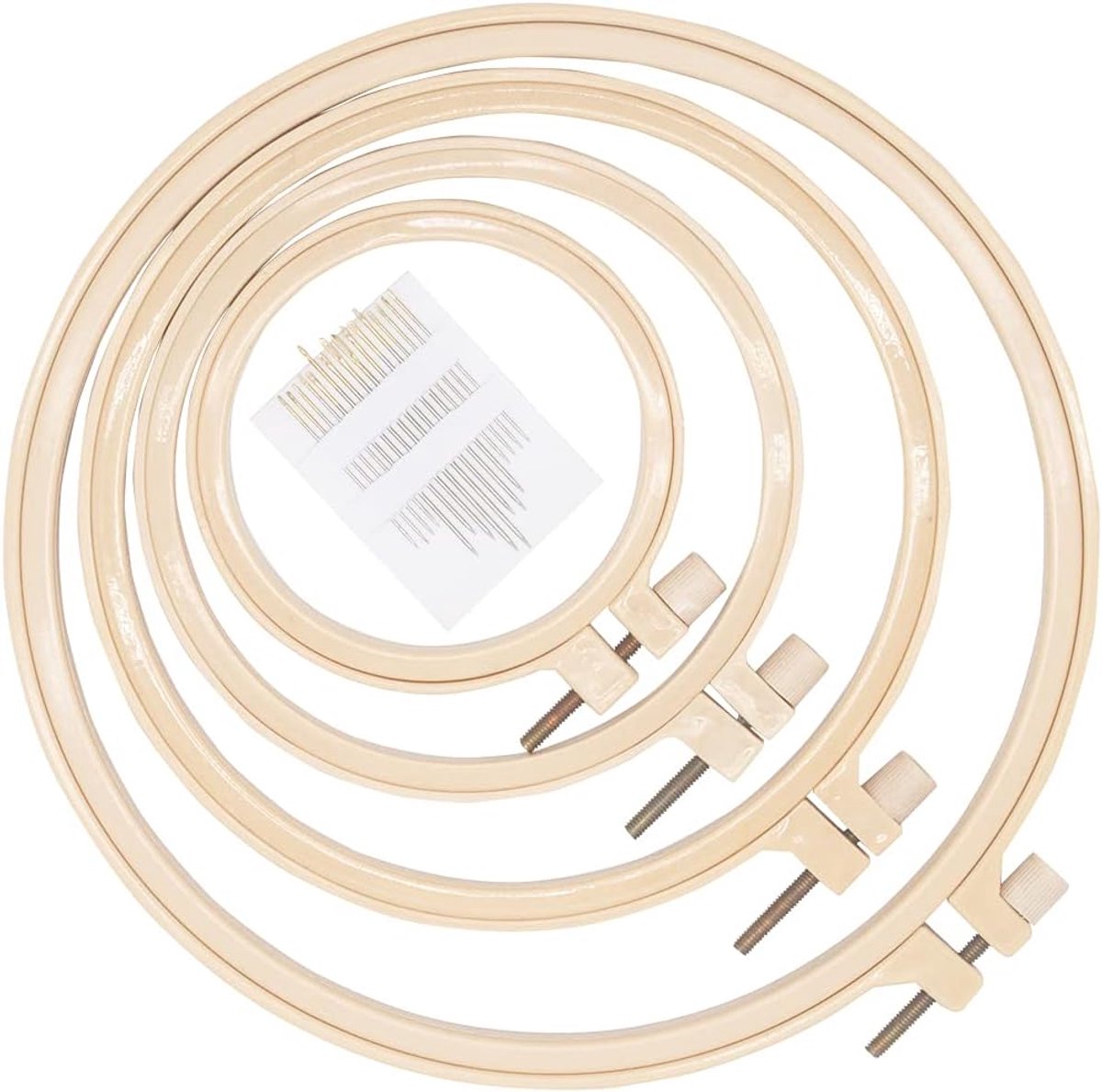 Borduurringen Set - 4 Stuks & 4 Maten Ronde Kunststof Borduurringen voor Kruissteek, Borduren en Naaiambachten, Inclusief Gouden Oog Borduurnaalden
