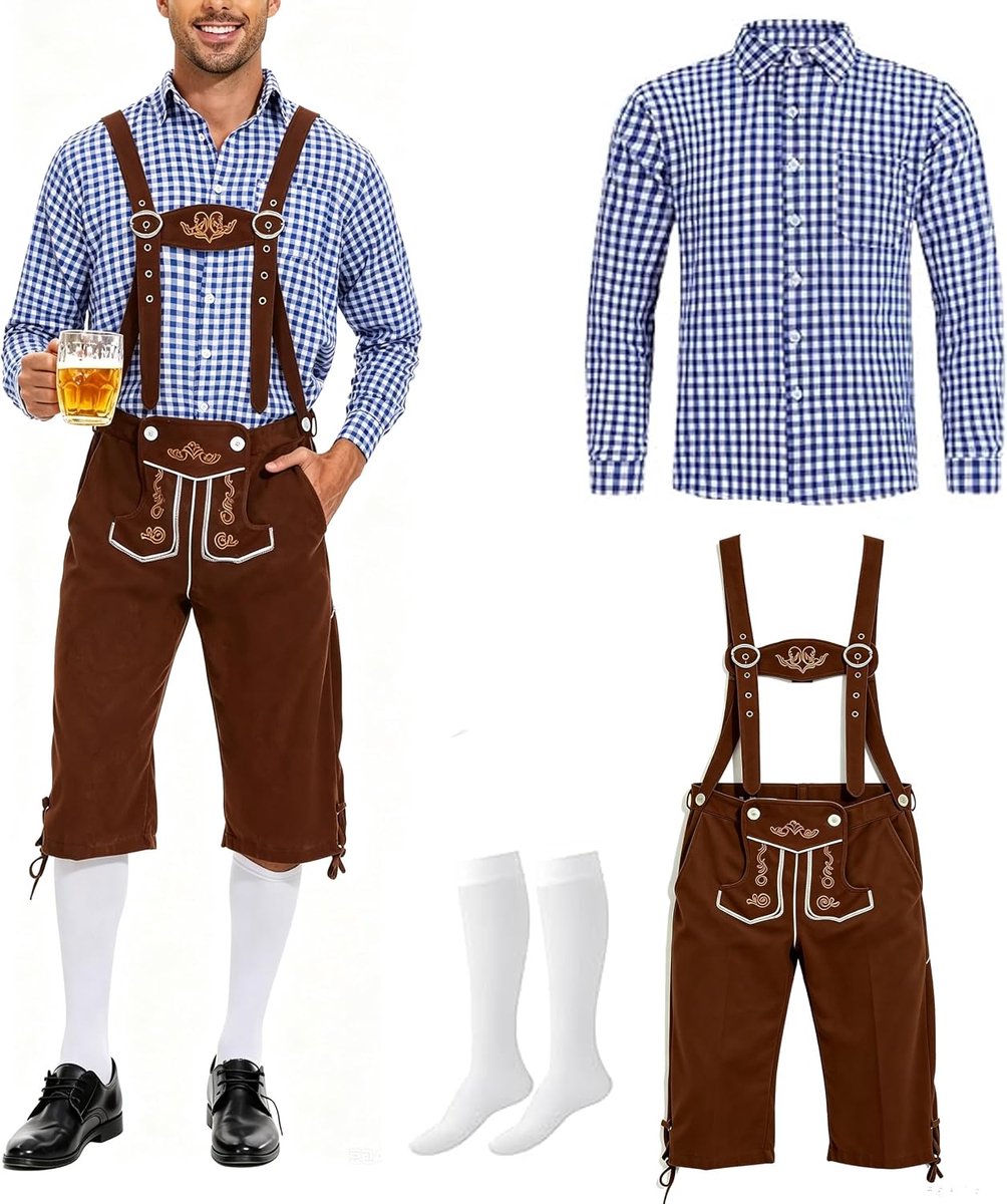 Oktoberfest kostuum heren outfits: Beierse grappige kostuums set voor Halloween party bierfeest cosplay met hangers & shirt & sokken Oktoberfest heren outfit