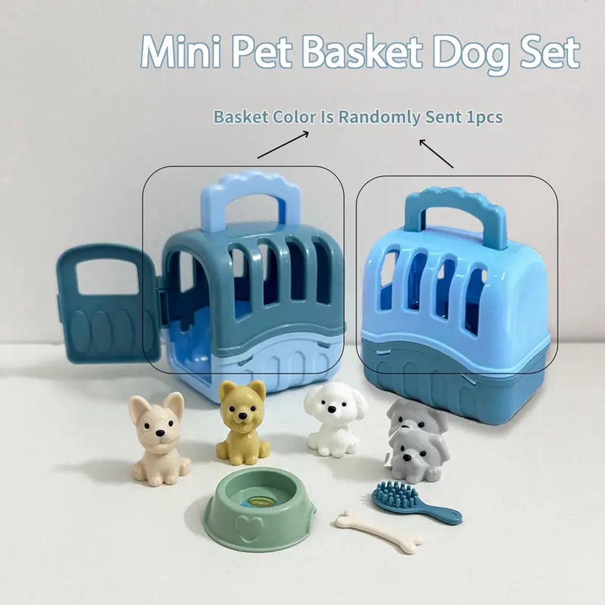 8-delige Speelset Mini Hondenmand Blauw met Honden speelgoed kinderen - Inclusief Schattige Hondjes, Hondenhok, Drinkbak, Bot en Borstel - Perfect Cadeau voor Kinderen - Rollenspel en Educatief Speelgoed