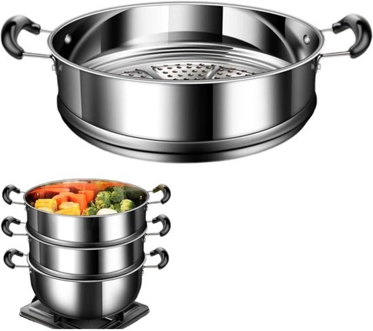 Roestvrijstalen Stoompan - Stoominzet Mand - Gezond Koken - Voedingsstoffen Behoud - 25x21x9 cm - Zilver Zwart