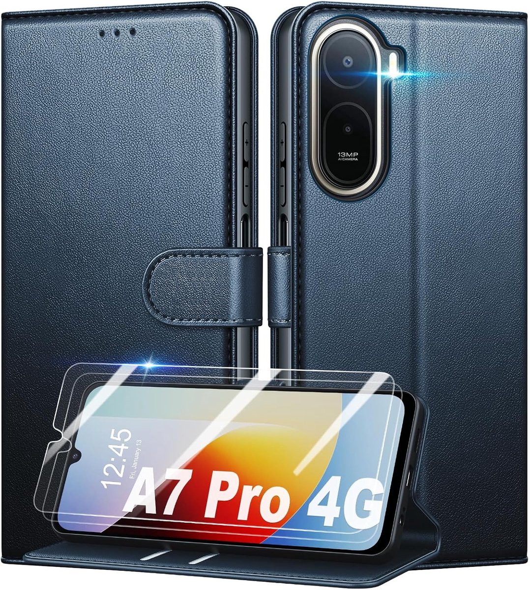 Beschermhoes voor Xiaomi Redmi A7 Pro 4G + 2 stuks gehard glas, [RFID-blokkering] premium PU-lederen beschermhoes, portefeuille, klaphoes, blauw