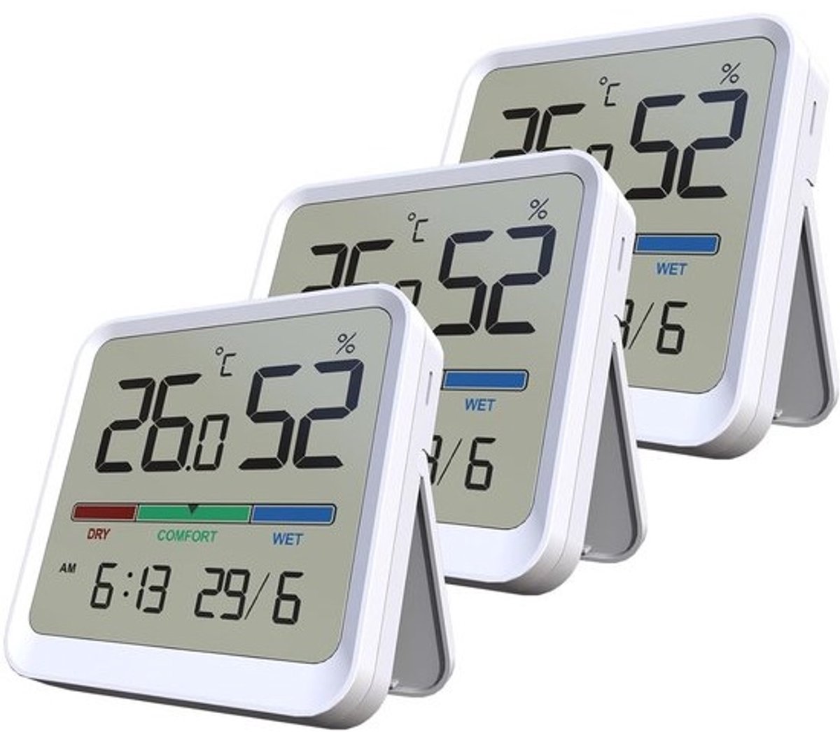 3-delige digitale hygrometer en thermometer voor binnen met tijdsaanduiding