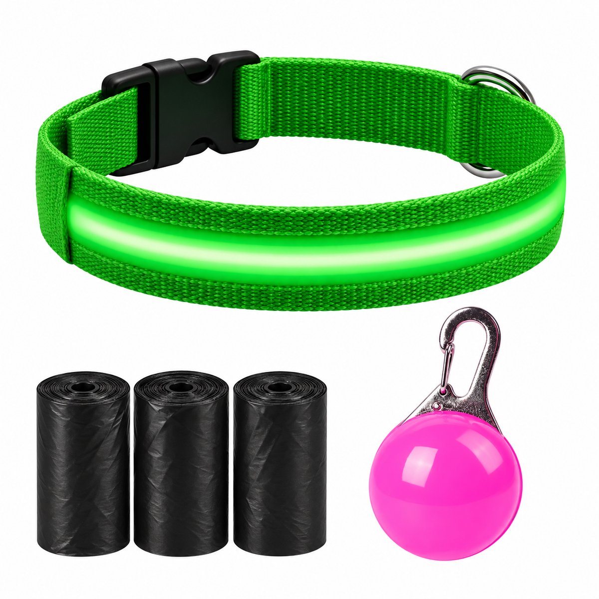 Professor Q LED Halsband Hond - Groen XL (42–56 cm) - Roze LED Lampje + 45 Poepzakjes - Nylon USB Oplaadbaar