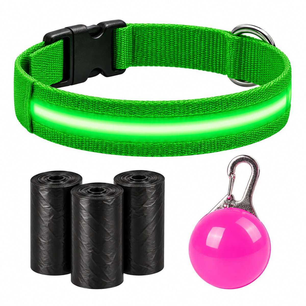 Professor Q LED Halsband Hond - Groen L (41–52 cm) - Roze LED Lampje + 45 Poepzakjes - Nylon USB Oplaadbaar