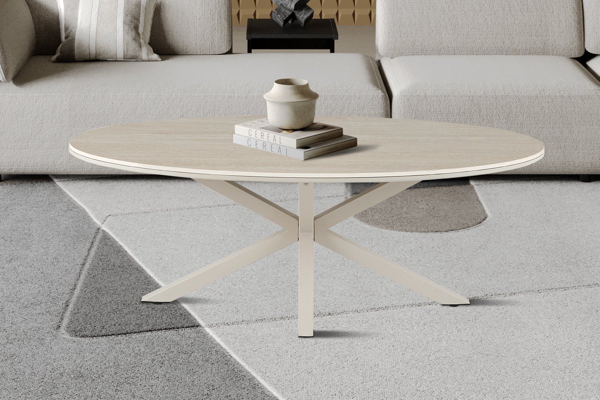 Salontafel Noa 130 x 70 cm – Deens Ovaal – Travertin Look – Beige – Metalen Matrixpoot