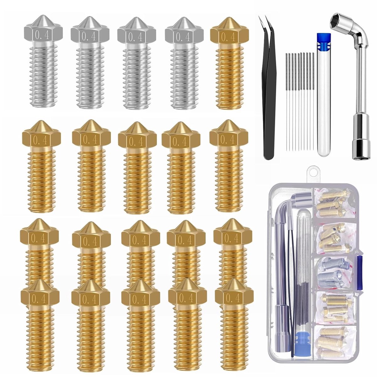 3D-printer onderdelen 0,4 mm spuitmond extruder printkop voor Volcano Anycubic Vyper Kobra Max Artillery Phaetus Rapido Kobra 2... (roestvrij staal + messing 20 stuks 0,4 mm grootte kit)