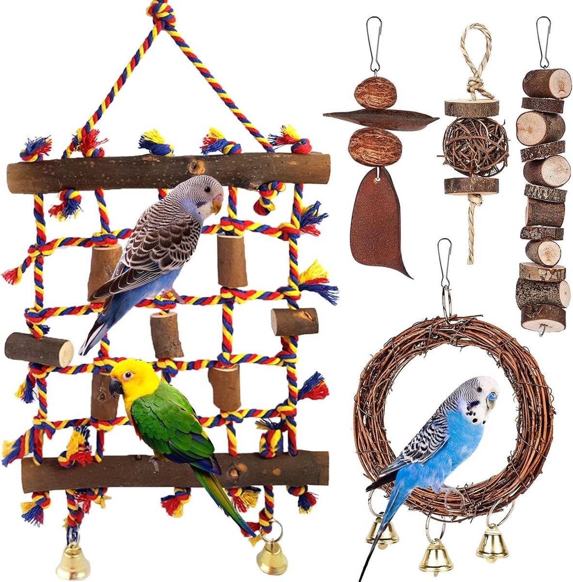 Speelgoed, papegaaienpeelgoed, vogeltouwklimnet met 4 papegaai-kauwspeelgoed, klimspeelgoed voor vogels, zitstokken voor vogels, vogelkooi-accessoires voor vinken, parkieten, lovebirds