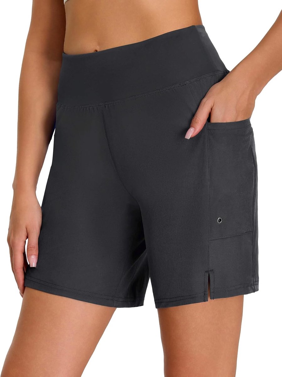 Shorts voor dames, hoge taille, uv-bescherming UPF 50+, buikweg, zwemshorts, sneldrogend, chloorbestendig, waterafstotend, met binnenslip en zakken