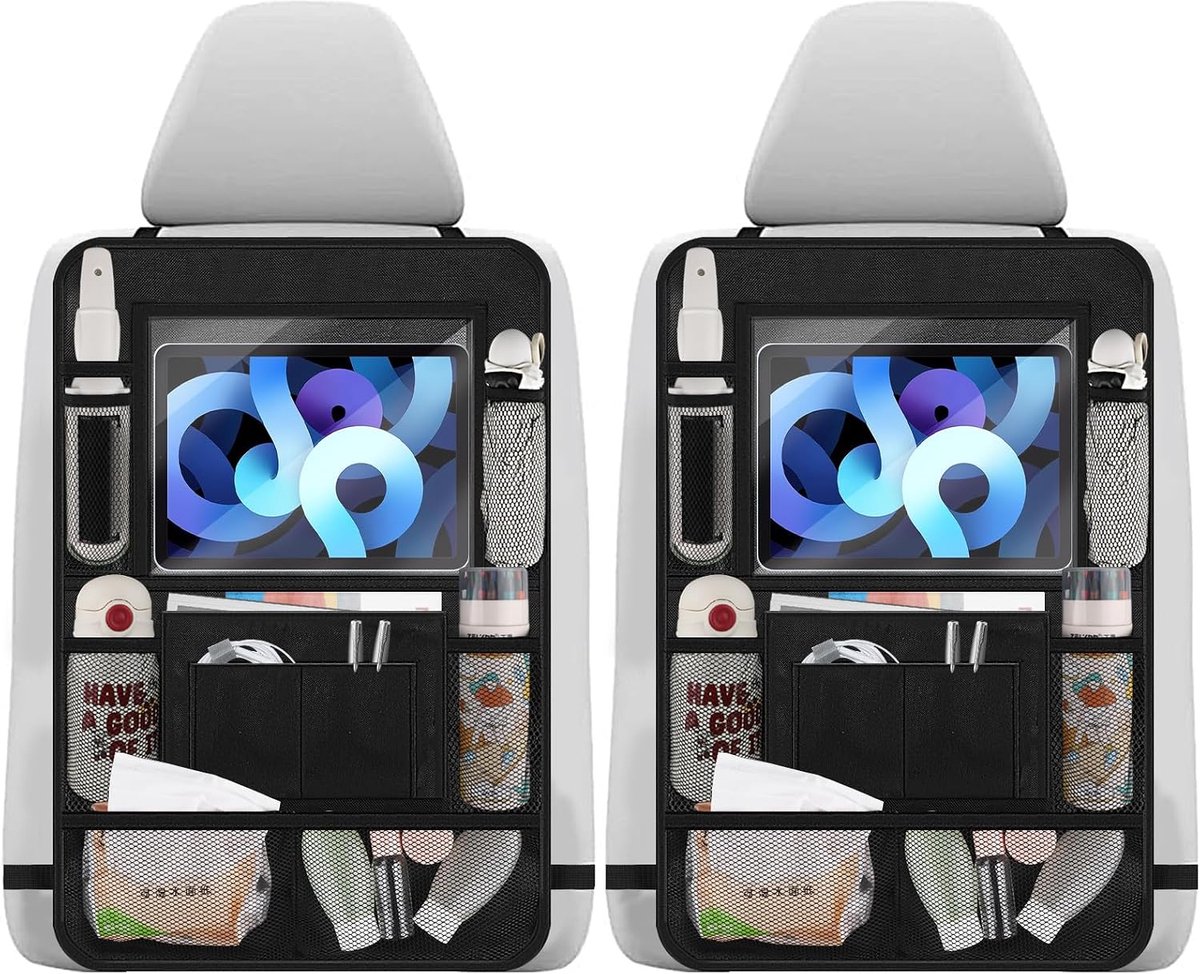 2 stuks auto-organizer, 10 vakken, universele rugbescherming, vak voor iPad 10 inch, flessen, speelgoed, boeken, zwart