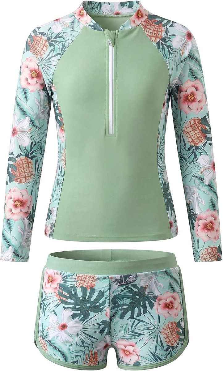 Zwempak Tweedelig Rashguard met Lange Mouwen en Voorgevormde Beha's Kinderzwempak met Zwemshort Sneldrogend Strand Surf en Zwemkleding met Bloemenprint voor Kinderen 5-14 Jaar