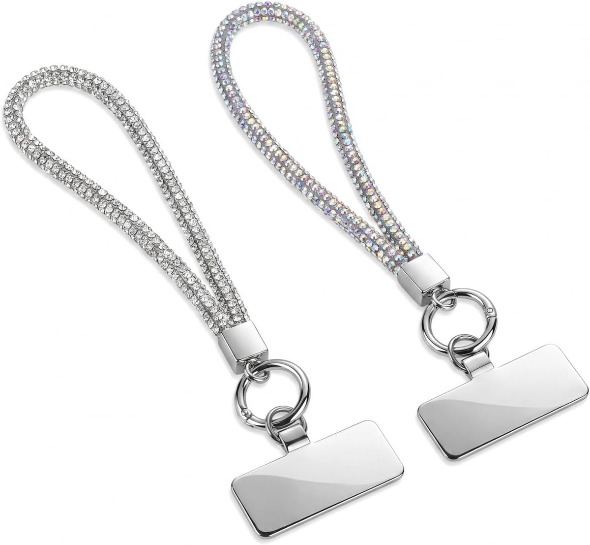 2 stuks telefoonketting met glinsterende strass-steentjes, telefoonlus, polslus, luxe ketting voor champagne en wit, polsband (kleur/zilver)