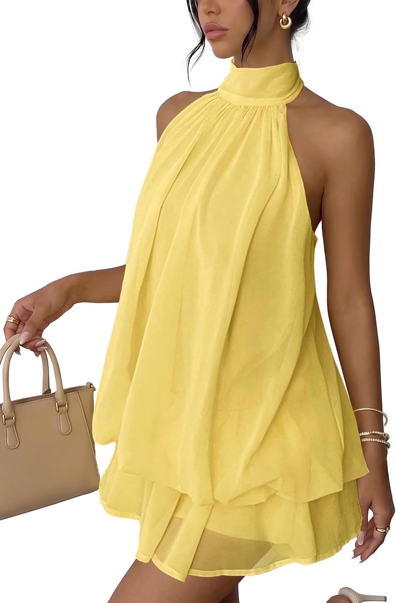 Chique en elegante zomerjurk voor dames, korte jurk, losse halterhals, mouwloos, sexy, mini-jurk, open rug, om te binden, casual, chiffon jurken met ruches, vloeiende jurken voor avond, club