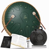 Donkergroene Yunava handpan klankschaal (36 cm) met stokken, lesboek, beschermtas en accessoires.
