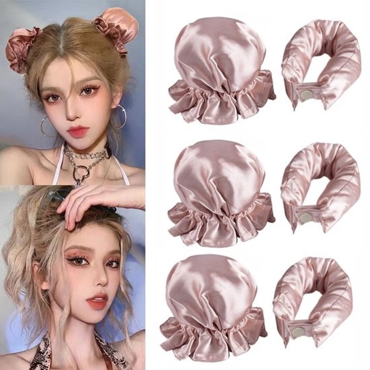 Haarrollers Set, Roze 6-delige Satijnen Hittevrije Krulstang Hoofdband, Hittevrije Krullen met Kap voor Alle Haartypes, Geen Hittevrije Krulstang