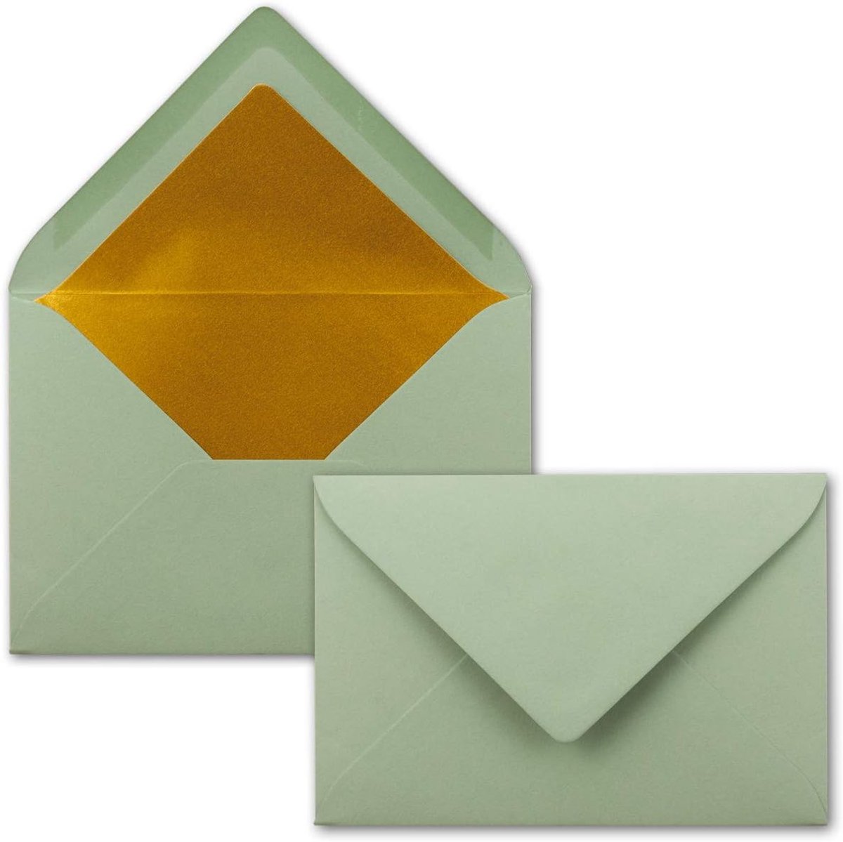Enveloppen in eucalyptusgroen, 75 stuks - enveloppen DIN C6 (114 x 162 mm 11,4 x 16,2 cm - natte plakrand - mat oppervlak en goud-metallic voering - zonder venster - voor uitnodigingen