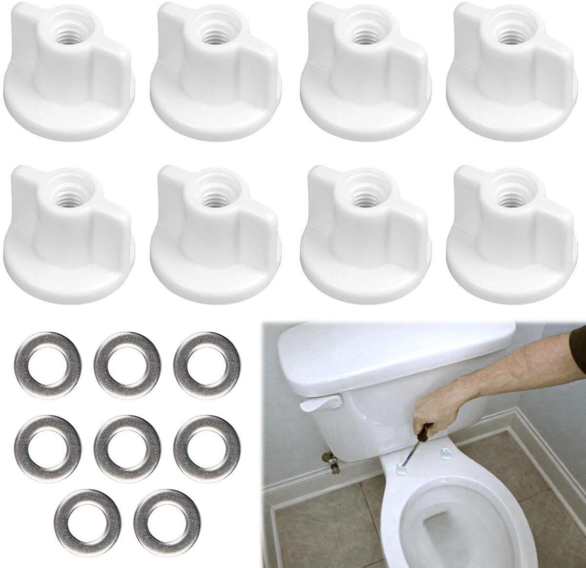 Toiletdekselbevestiging, 8 stuks M6 schroefdraad, wc-bevestigingsset voor wc-bril met achtermoeren, eenvoudige montage en betrouwbare bevestiging voor 6 mm schroef