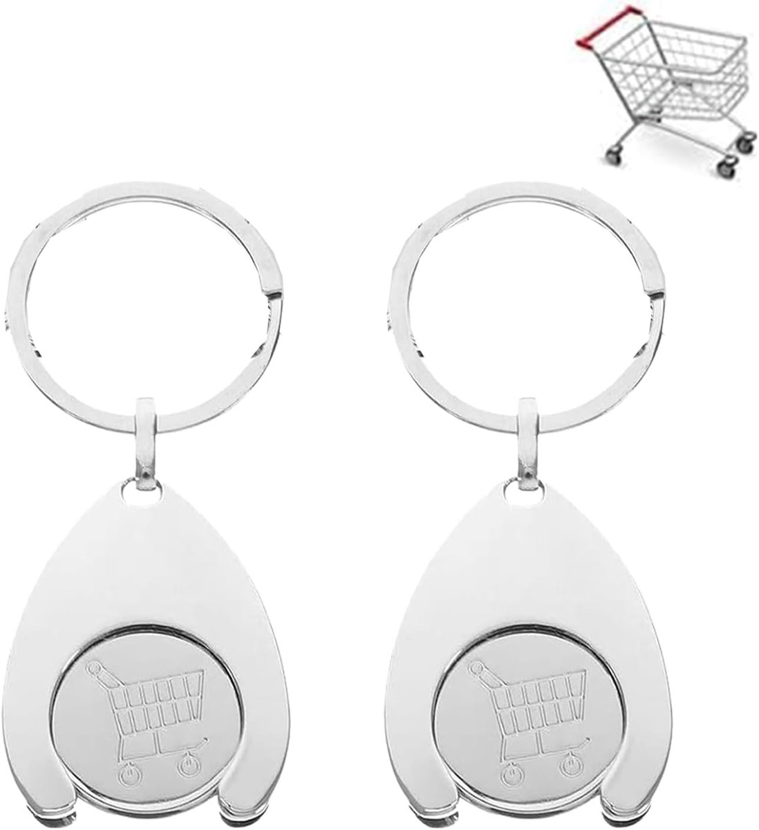 2 stuks draagbare winkelwagen-token, autosleutelhanger, winkelwagen, zilveren sleutelhanger, boodschappenwagen-sleutelhanger voor levensmiddelen supermarkt